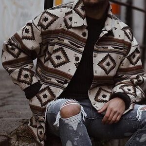 Kissonic Mens Button Down Longsleeves Casual Tribal Aztec Printed Jacket